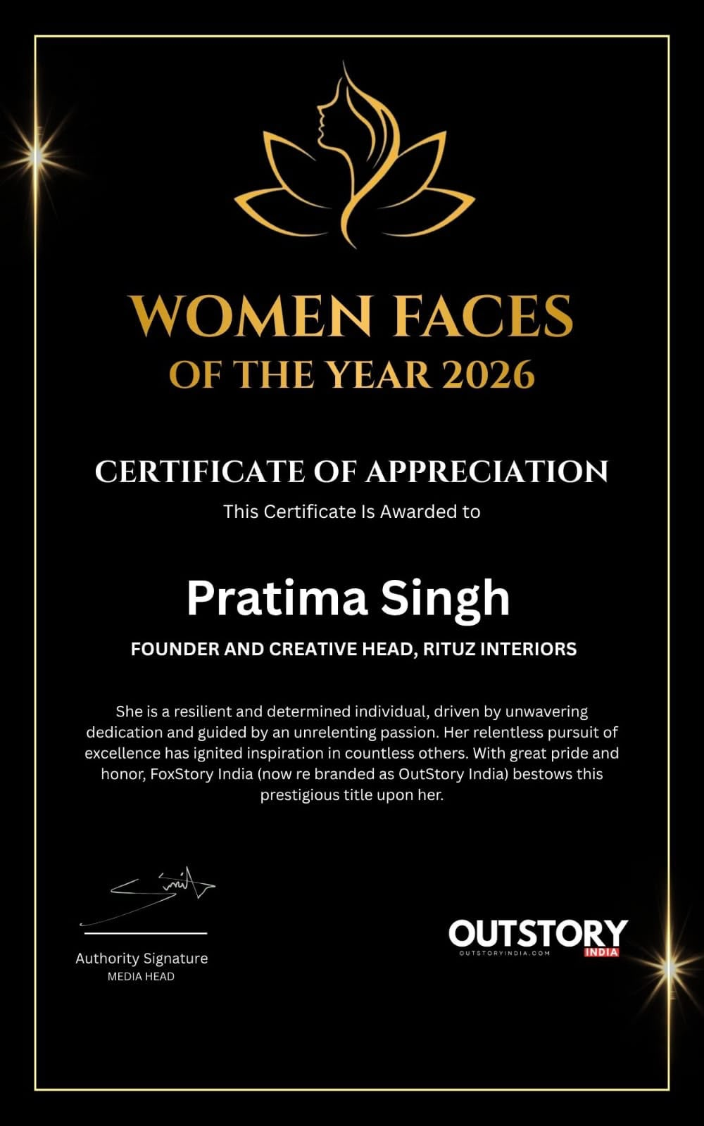 Women Faces of the Year 2026 certificate of appreciation awarded to Pratima Singh