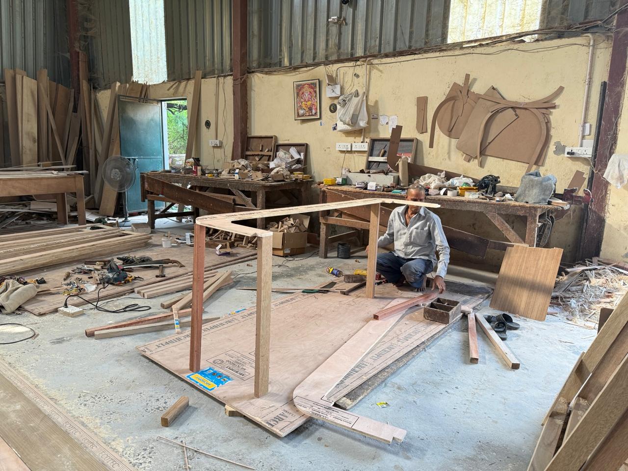 Prepared furniture panels and components in the workshop